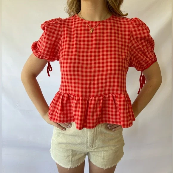 Red Gingham Peplum Top - Picture 1 of 3